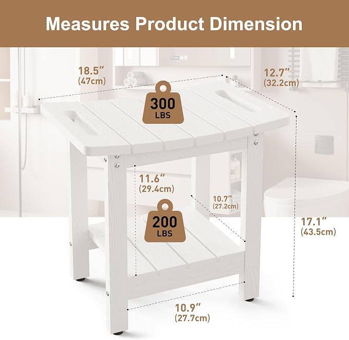 HIPS Shower Benches for Inside Shower, Shower Stool with Space-Efficient Storage Shelf, Waterproof Shower Chair Seat for Spa Bathroom(White)