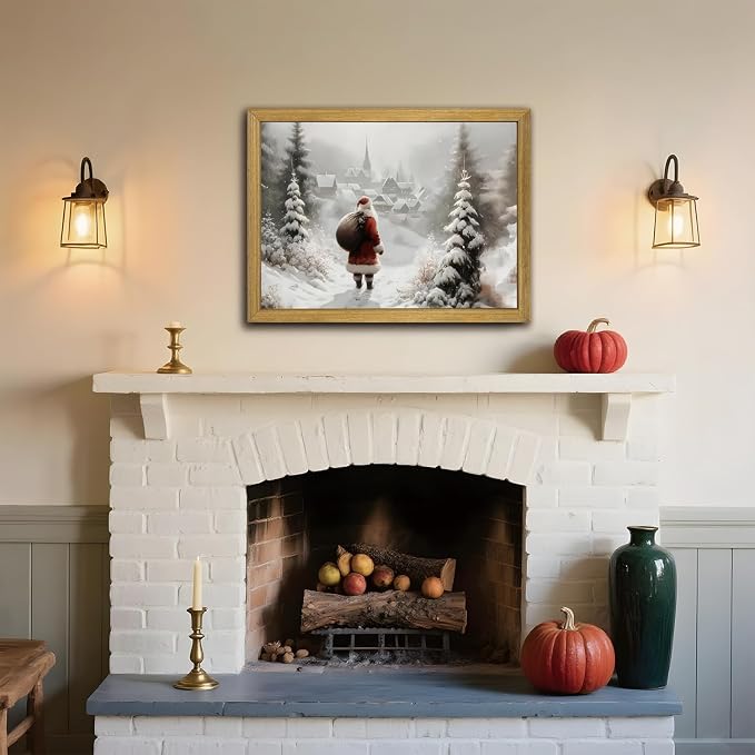Vintage Christmas Canvas Wall Art, Wood Framed Santa Claus Wall Decor Painting, Rustic Farmhouse Winter Snow Scene Poster Print Picture 16x24 inch, Best Holiday Decor for Living Room Bedroom Home