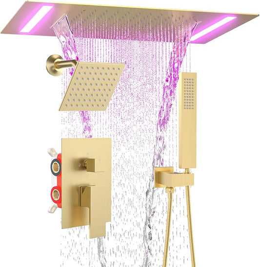 ENGA Dual Rain Shower Head System, 2 In 1 Functions Ceiling Mount 14x20inch LED Shower Head with 6 Inch Shower Head, Rainfall Waterfall Shower Faucet Set, Brushed Gold