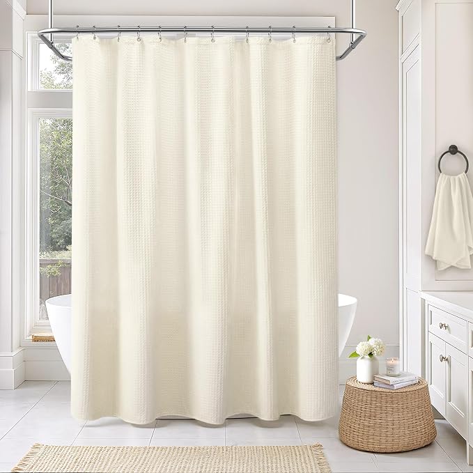 Waffle Weave Shower Curtain Heavyweight Cotton Fabric Ivory 72Wx72L | Soft Cotton Cloth,3D Square Truely Waffle Washable, Hotel Luxury Spa, Shower Curtain Set for Bathroom 12 Plastic Hooks