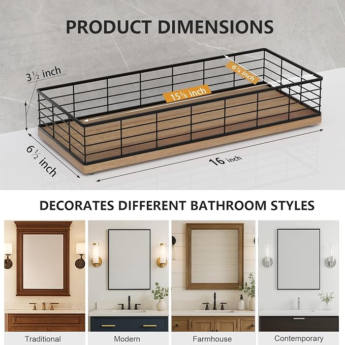 Toilet Paper Storage Basket, 16" Large Acacia Wood Toilet Paper Basket | Wooden Toilet Tank Tray for Back of Toilet, Narrow Bathroom Countertop Organizer with Iron Metal Frame Decor, Black & Acacia