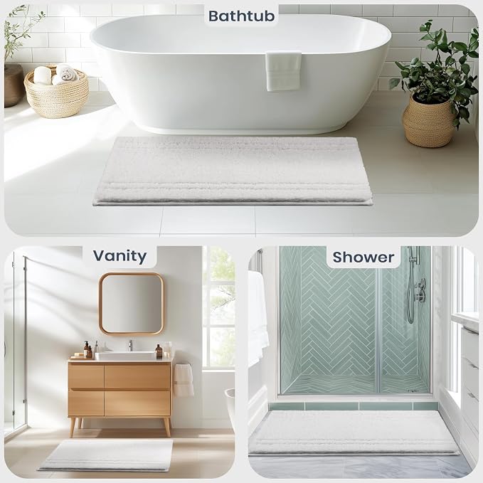 PURRUGS Bathroom Runner Rug, Bath Mat, 24" x 60", White | Machine Washable, Non-Slip, Waterproof TPR Backing, Super Absorbent, Quick Dry, Bath Rug for Shower, Bathtub, and Sink