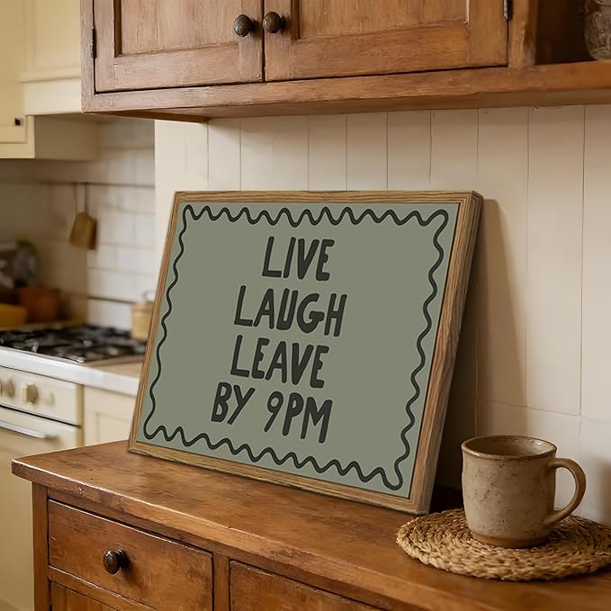 Live Laugh Leave By 9PM Wall Art Funny Quote Sign Wall Decor Picture Trendy Minimalist Dorm Poster Canvas Painting Prints for Bedroom Living Room 24x16 inch Wood Framed