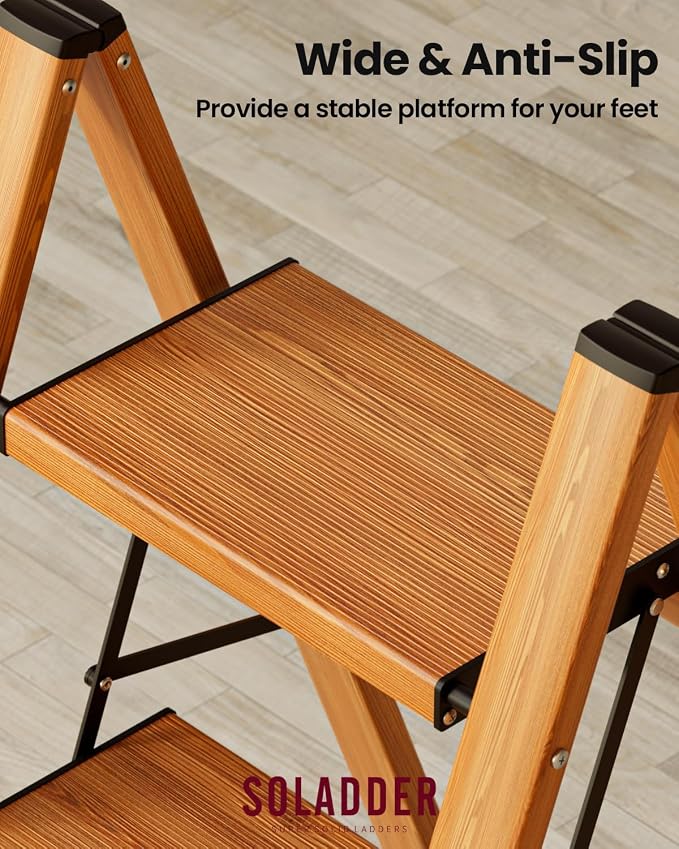 2 Step Ladder, Lightweight Folding Step Stool, Woodgrain | Anti-Slip 7.9'' Wide Pedal;Space-Saving;For Kitchen, Home, Library, Office Use;300lbs Capacity