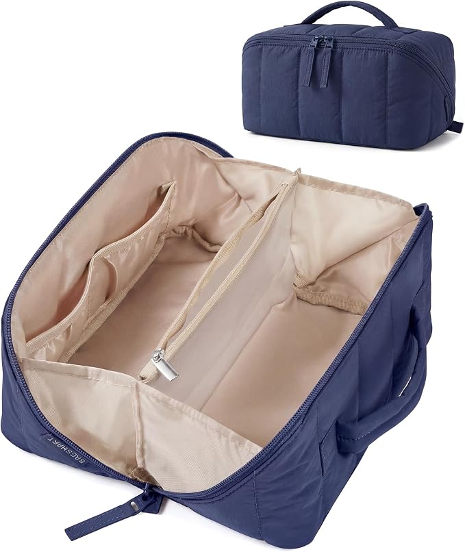 BAGSMART Puffy Travel Makeup Bag Toiletry Bag for Women, Navy Blue | Open Flat, Portable, Make Up Organizer, Water-resistant, Puffy Padded, For Toiletries, Brushes
