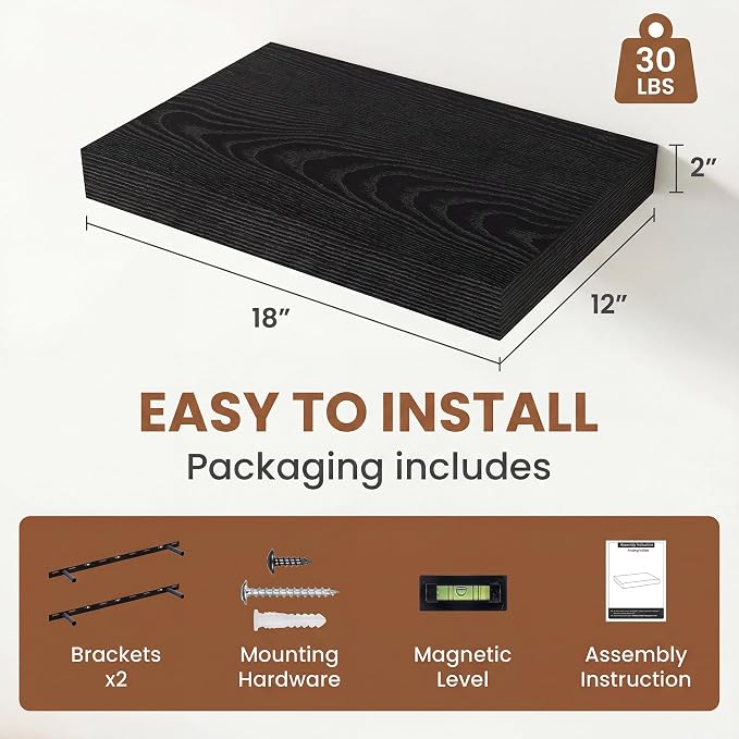 Vivelove Floating Shelves for Wall 18x12” Set of 2, Black | Easy Install With Hardware, 2" Thick, Invisible Brackets, Wall Mounted, No Sagging, For Any Room