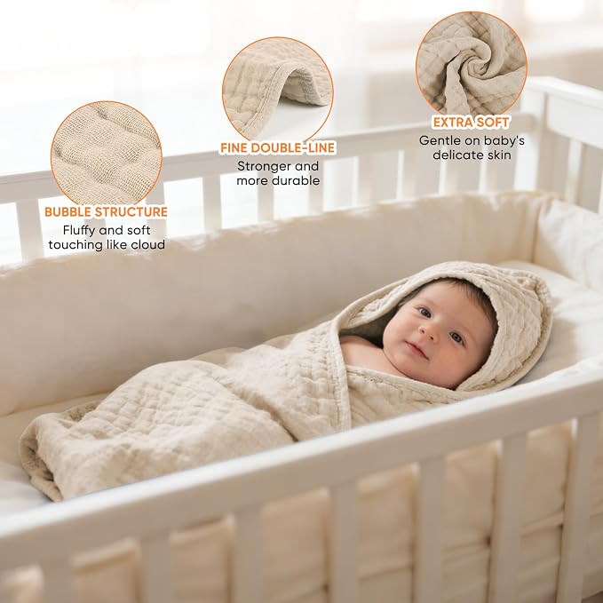 MIGIOL Muslin Hooded Baby Towels 100% Cotton ，Super Soft Muslin Baby Bath Towel - 32 x 32 Inches, Suitable for Newborn and Young Children up to 3 Years Old. (Beige & Coffee)