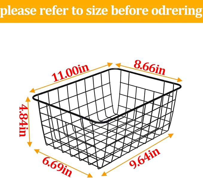 LeleCAT Wire Baskets with Handles, Wire Storage Organizer Baskets, Household Refrigerator for Cabinets, Pantry, Closets, Bedrooms - Set of 4（Black)