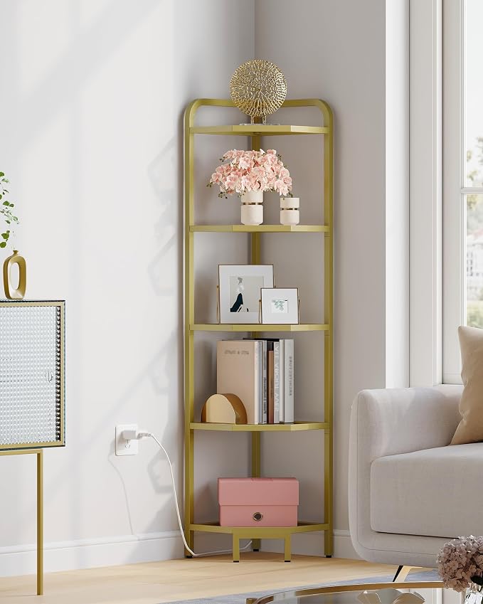 Hzuaneri Corner Shelf with LED Lighting, 5-Tier Glass Bookshelf | Steel Frame, Tempered Glass, Modern Style Corner Shelf, Suitable for Living Rooms, Bedrooms and Games Rooms CS09599G