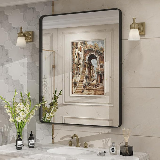 30x36 Inch Matte Black Bathroom Mirror for Wall | Rectangle Framed Vanity Mirror, Rounded Corner, Anti-Rust, Shatterproof, Hangs Horizontally or Vertically, Wall Mounted