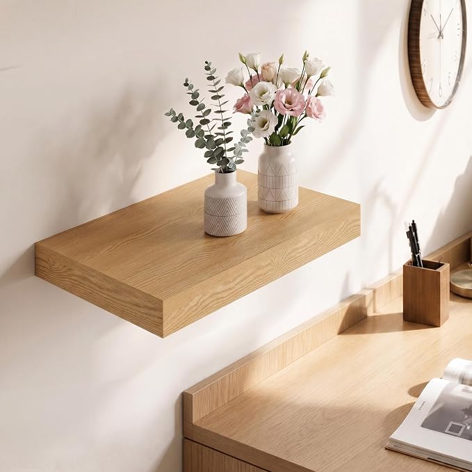 Deep Floating Shelves for Wall, 12 Inch Wide Small Wall Shelves Set of 2, 2 Inch Thick Invisible Wall Mounted Shelves for Bathroom Bedroom Nursery,Oak Color