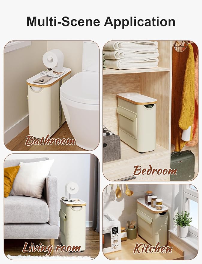 Toilet Paper Basket with Holder, Tray and Bamboo Frame, 12 Rolls, Beige | Waterproof Oxford fabric, privacy pocket, viewing window and suction-cup base for 9 mega or 12 regular rolls plus 1 in use