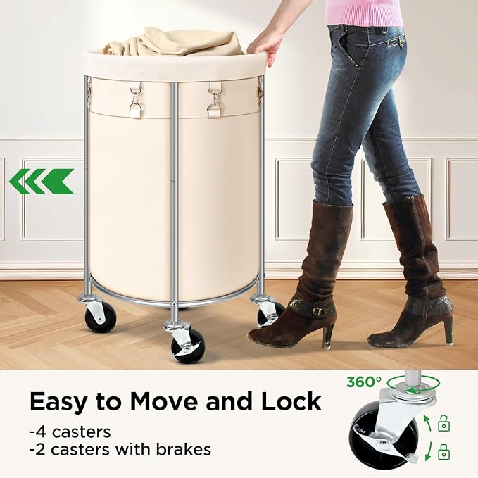100L Round Rolling Laundry Hamper Basket with Wheels, Beige | Laundry Sorter Cart with Removable Bag, Clothes Organizer, Metal Frame, Bedroom, Bathroom, Laundry Room, Dorm Use