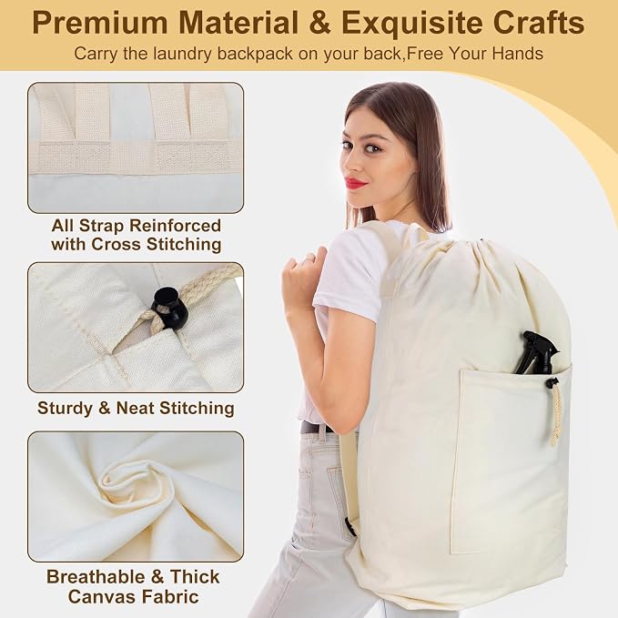 Laundry Bag Backpack, Canvas Laundry Bag with Straps & Drawstring, 2 pack | Heavy Duty Washable Dirty Cloth Hamper Bag with Large Front Pocket for College, Travel, Laundromat, Camping