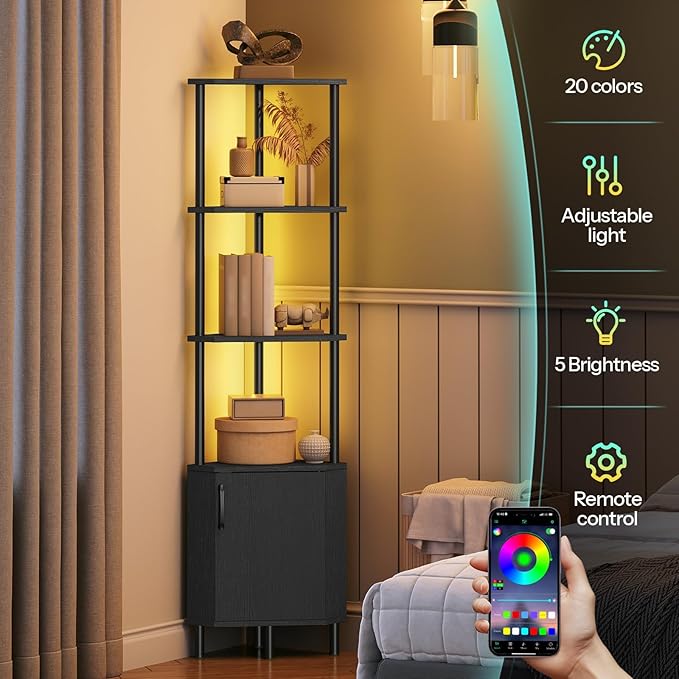 HOOBRO Corner Cabinet with LED Light, Corner Shelf Stand with Storage and Doors, 5-Tier Industrial Corner Bookshelf, 59” Tall Display Rack Shelf, for Living Room, Kitchen, Black BB147DCJ01