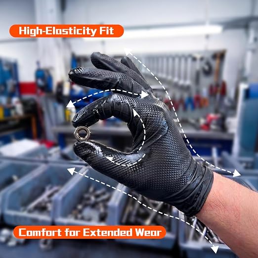 10 Mil Heavy Duty Mechanic Nitrile Gloves, Medium Black 200 Count | Diamond Grip,Latex Free,Chemical Resistant Disposable Thick Rubber Gloves for Auto Repair, Industrial, Food, Work ,BBQ,Men