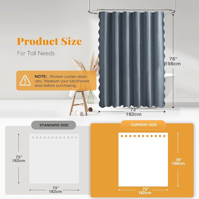 72x78 Boho Scalloped Linen Textured Cloth Shower Curtain, Blue Grey | Long Size, 230GSM Waterproof Polyester, Heavy Duty Fabric, 12 Plastic Hooks, Elegant Modern Farmhouse Style, Machine Washable