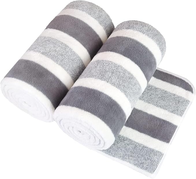 JML Microfiber Bath Towels Set of 2 – 27"x55" Super Absorbent, Quick Dry, Lint-Free & Fade-Resistant, Soft Lightweight Travel Towel for Gym Yoga Camping with Hanging Loop,Double Stripe Grey