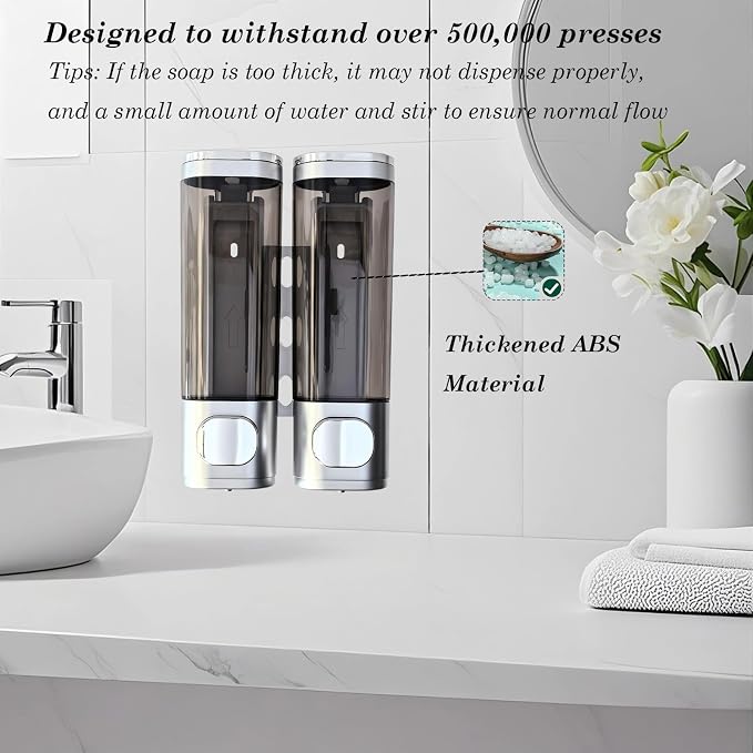 2-Chamber 10oz/300ML Silver Plastic Hand Wall Mounted Soap Dispensers | Refillable Shampoo Conditioner Shower Dispenser No Drill, Clear Manual Pump Dispenser for Bathroom Hotel Kitchen