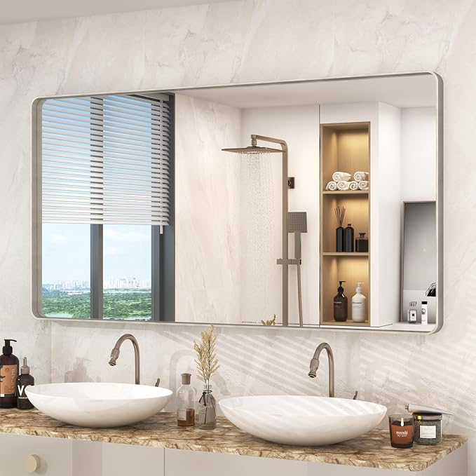 55x30 Inch Brushed Nickel Bathroom Mirror, Large Brushed Silver Metal Framed Wall Mirror, Rounded Corner Rectangle Modern Vanity Mirror, Tempered Glass, Anti-Rust, Shatterproof (Horizontal/Vertical) | Silver Metal Framed Wall Mirror, Rounded Rectangle ...