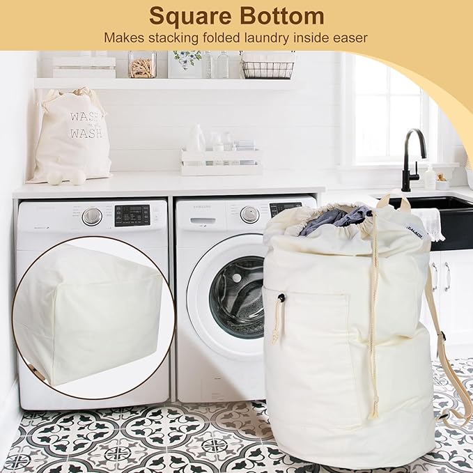 Laundry Backpack Canvas Laundry Bag with Straps Drawstring, Beige, XX-Large | Heavy Duty Washable Dirty Cloth Hamper Bag with Large Front Pocket for College, Travel, Laundromat, Camping