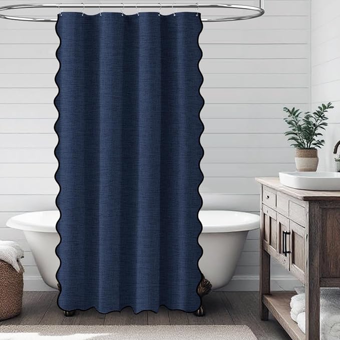 48x72 Boho Scalloped Linen Textured Cloth Shower Curtain, Navy Blue | Stall Size, 230GSM Waterproof Polyester, Heavy Duty Fabric, 8 Plastic Hooks, Elegant Modern Farmhouse Style, Machine Washable