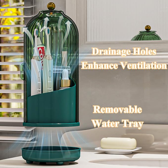 Drainable Toothbrush Toothpaste Holders with Cover, Green | Drainage Holes, Waterproof and Dustproof, 360° Rotating Base, Sliding Door, for Bathroom Counter