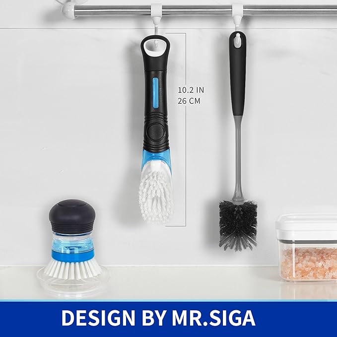MR.SIGA Soap Dispensing Dish Brush, Kitchen Brush for Pot Pan Sink Cleaning | Dish scrubber with soap dispenser, dish soap brush with scraper