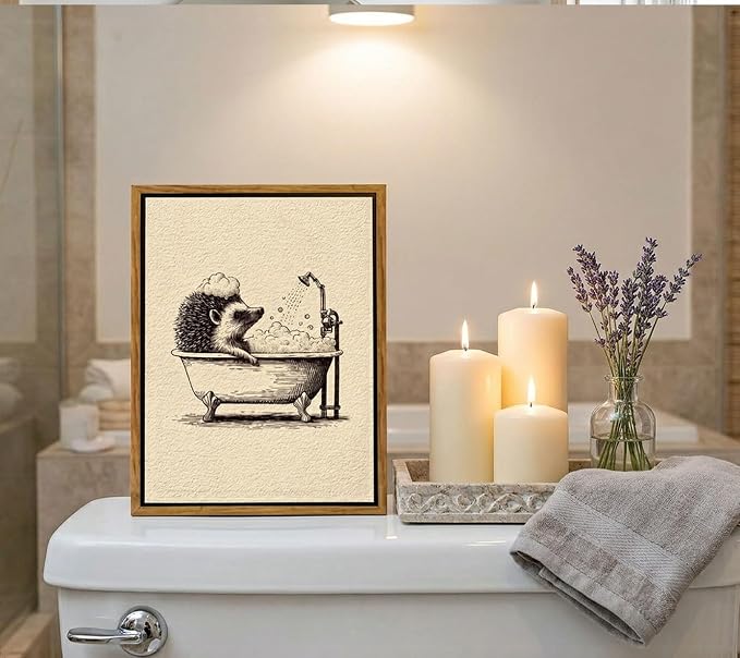 Floating Framed Funny Hedgehog Bathroom Canvas Wall Art, Cute Animal Bathing in Bathtub Painting Picture Wall Decor, Vintage Neutral Sketch Poster Print Artwork, for Bathroom, Home Decoration 12x16in