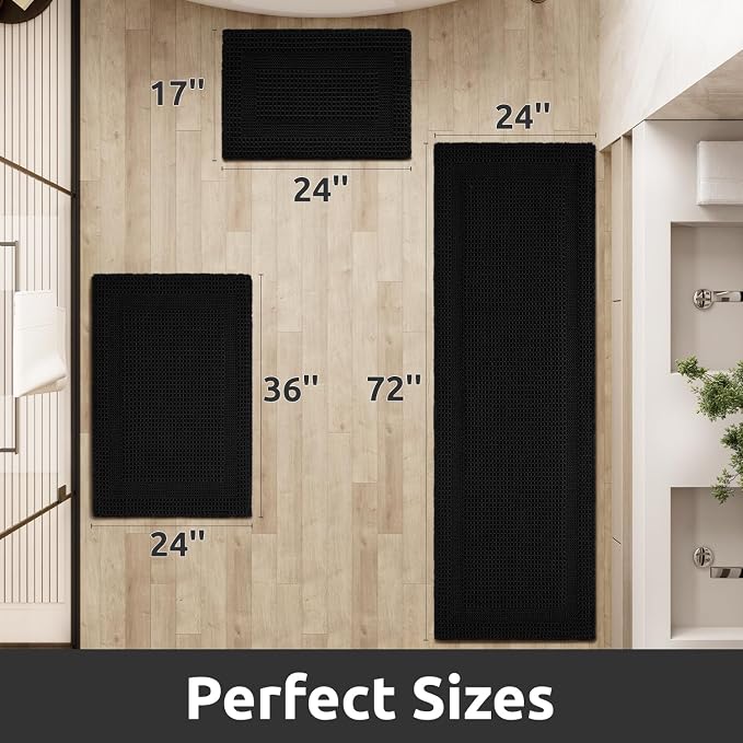AMOAMI Waffle Bath-Mat, Absorbent Bath Mats for Bathroom Non Slip, Machine Washable Bathroom Rugs with Tassels Ultra Soft Boho Bath Rugs for Floor 2'x6'(24"x72") Black