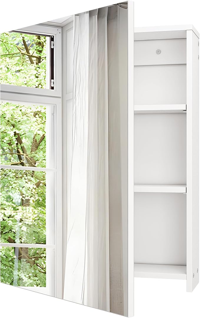 Bathroom Medicine Mirror Cabinet, 21.7'' x 27.6'', Wall-Mounted Bathroom Vanity with Mirror, Bathroom Medicine Cabinet with Storage Function, Hanging Storage Cabinet, Adjustable Shelves, White