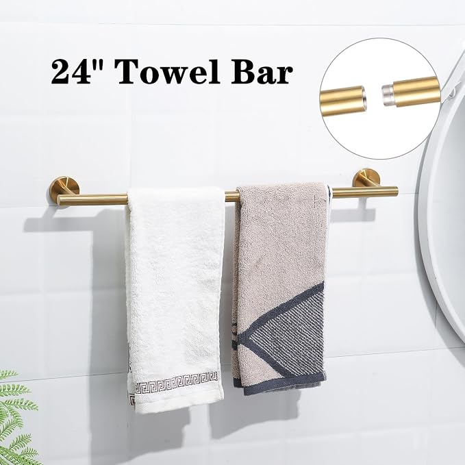 Brushed Gold Bathroom Hardware Accessories Set 5 Piece, Stainless Steel Bath Towel Bar Set 24 Inch,Toilet Paper Holder,Towel Ring Holder,Towel Rack Set,Gold Bathroom Accessories Kit
