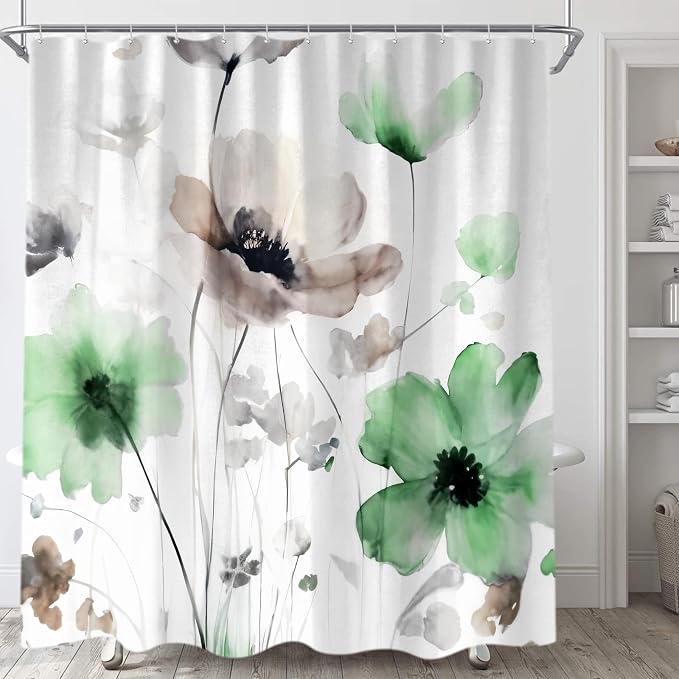 Sanzugh Boho Floral Shower Curtain, Cream Tan Beige Green Grey White Flower Farmhouse Fabric Shower Curtains Set for Bathroom Decorative with Hooks 72 X 72 inch Spring Bath Decor