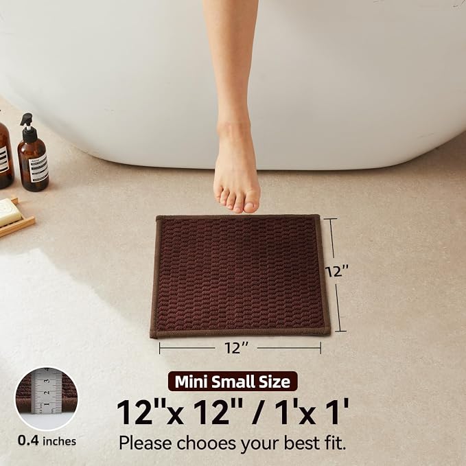 Triohero Small Bathroom Rugs Non Slip Washable Bath Rugs Super Absorbent Bathroom Rug Thin Quick Dry Low Pile Bath Mats, Brown 12"x12"