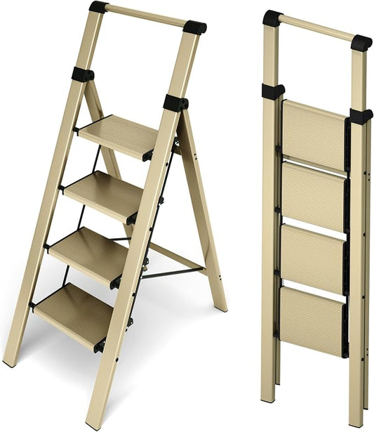 HillhutApex Aluminum 4 Step Ladder, Step Stool Foldable Ladder(Gold) | Stepladder with Handgrip,Anti-Slip Pedals,330lbs Capacity,Lightweight Folding Ladder for Home,Office,Libaray