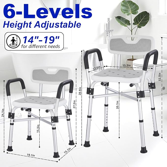 Shower Chair for Elderly and Disabled Inside Shower,Gray | 6-Height AdjustableShower Seat for Inside Tub,Shower Chair with Arms and Back 400 LB Heavy Duty