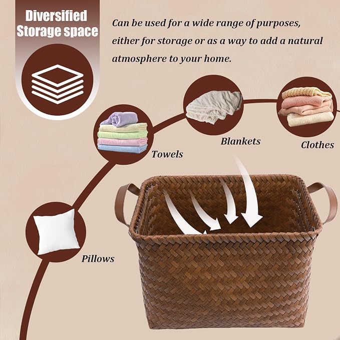 BROWNLILY Handwoven Clothes Basket Laundry Hampers Large Wicker Storage Baskets for Shelves Blankets Closet Storage Bins Car Bedroom Bathroom Organizers and Storage Bath (Pack of 4, Brown)