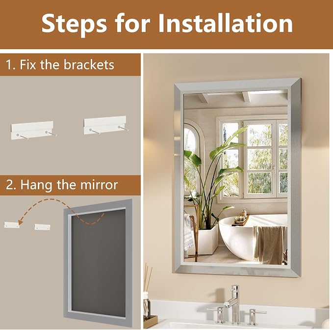 SMIROR 36x30 Brushed Silver Bathroom Vanity Mirror for Over Sink | Metal Wide Frame, Rectangle, Right- Angle Corner, Anti-Rust, Horizontally or Vertically Wall- Mounted for Home Remodel