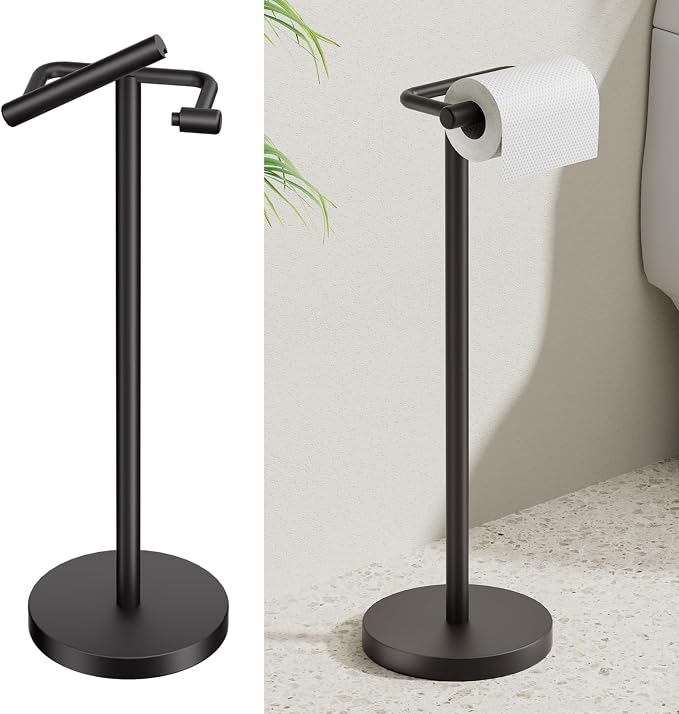 Matte Black Freestanding Toilet Paper Holder Stand Free Standing | SUS 304 Stainless Steel Tissue Rack with Pivoting Arm & Weighted Base for Bathroom