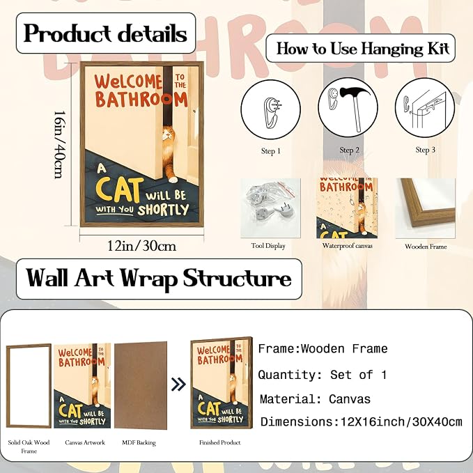 Funny Orange Cat Bathroom Wall Art Welcome to the Bathroom Sign Wall Decor Picture Cute Cat Animal Restroom Poster Canvas Prints 12X16 inch Wood Framed