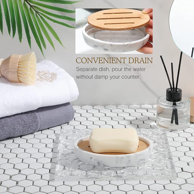 Luxspire Bamboo Soap Dish, Holder for Bathroom& countertop, Gravel White | Resin Soap Holder, Wooden Texture Drainage Design, Keeps Soap Dry, For Shower, Bathroom & Kitchen Sink,