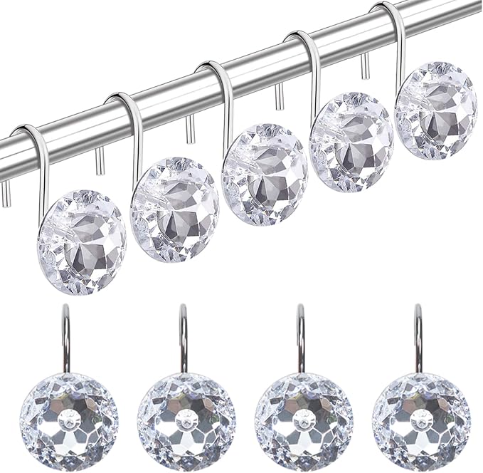 TOAOB 12pcs Round Curtain Hooks Rings Stainless Steel Rhinestone Decorative Rust Proof Shower Rod Hangers Decorative Shower Curtain Hooks for Bathroom Curtain Accessories