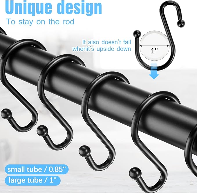 Shower Curtain Hooks, Metal Shower Hooks for Shower Curtain Rod, Rust Proof Metal Shower Curtain Rings, Decorative S Shower Hook (24PCS Black)