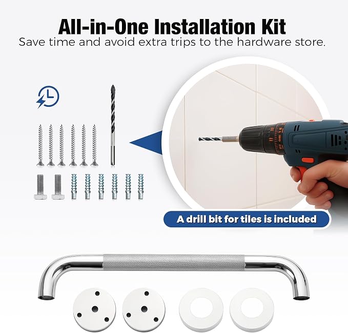 Grab Bars for Shower, 18 Inch Shower Handle, 2 Pack, Brushed Nickel | Grab Bars for Bathroom, Knurled Anti-Slip Grip, 17-Inch Hole Centers, 1-Inch Diameter, Wall-Mounted Support for Seniors