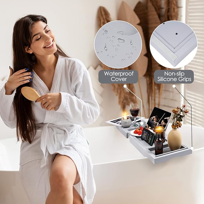 Foldable Bathtub Tray Caddy with Soap Dish Adjustable 29.5-43'' Grey | Bamboo Bath Table Trays with Non-slip Pads, Wine Glass Holder, Adjustable Tablet Book Stand, Spa Bath Essentials Organizer