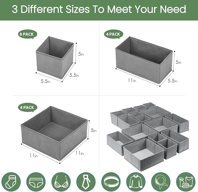 Drawer Organizer Clothes,16 Pack Underwear Drawer Organizers, Foldable Closet Organizers and Storage Dresser Drawer Dividers Clothing Organizer for Clothes, Socks, Scarves, Bra, Ties (Grey)