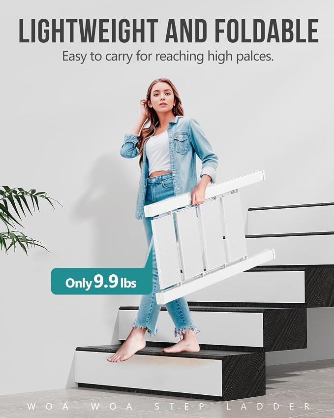 4 Step Foldable Step Stool, 300lbs Load, White | Folded 43''H x 2''T; Net 9.9 lbs; Non-Slip Feet: Wood/Tile/Carpet; Rigid Aluminum Steps; No Assembly; Ready From Box.