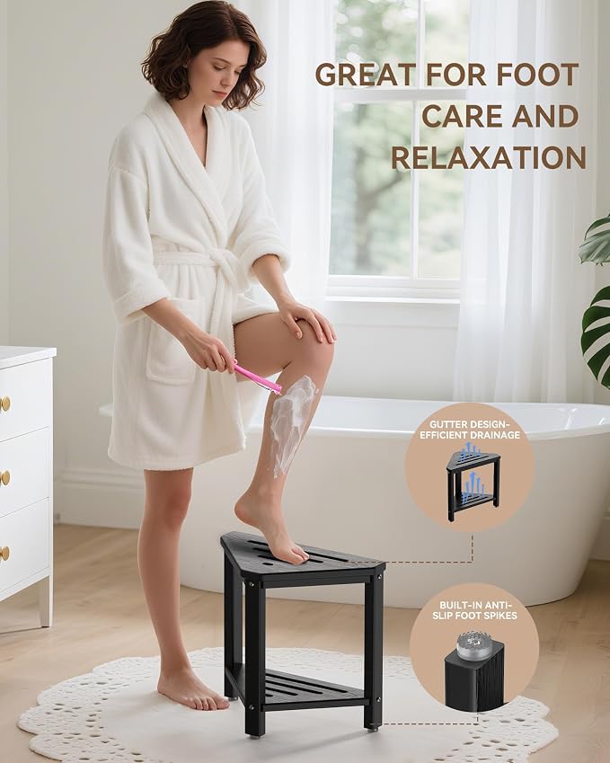 Shower Foot Rest 15in, HDPE Waterproof Shower Stool for Inside Shower, Corner Shower Stool for Shaving Legs with Storage Shelf for Small Space, Shower Step Stool, Plastic Corner Shower Bench, Black