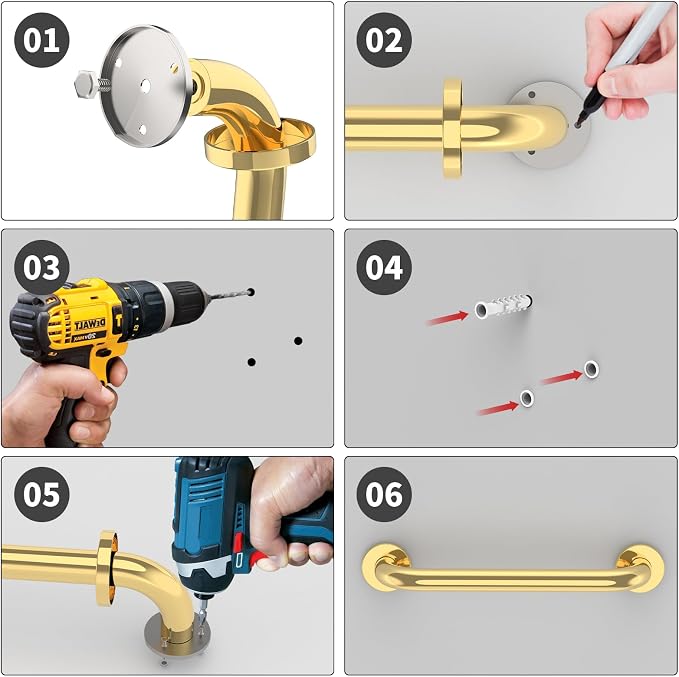 ZUEXT 12 Inch Gold Safety Grab Bar for Bathroom Shower, Stainless Steel | Concealed Wall Mount Grab Bar Handle, Bathroom Balance Bar, Safety Hand Rail Support, Handicap Elderly Injury Seniors Assist