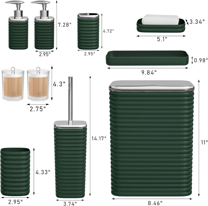 Bathroom Set - 10PC Bathroom Accessory Set, Green Bathroom Set, Luxury Bathroom Accessories Set, Trash Can, Toilet Brush, Soap Dish, Qtip Holder & Soap Dispenser